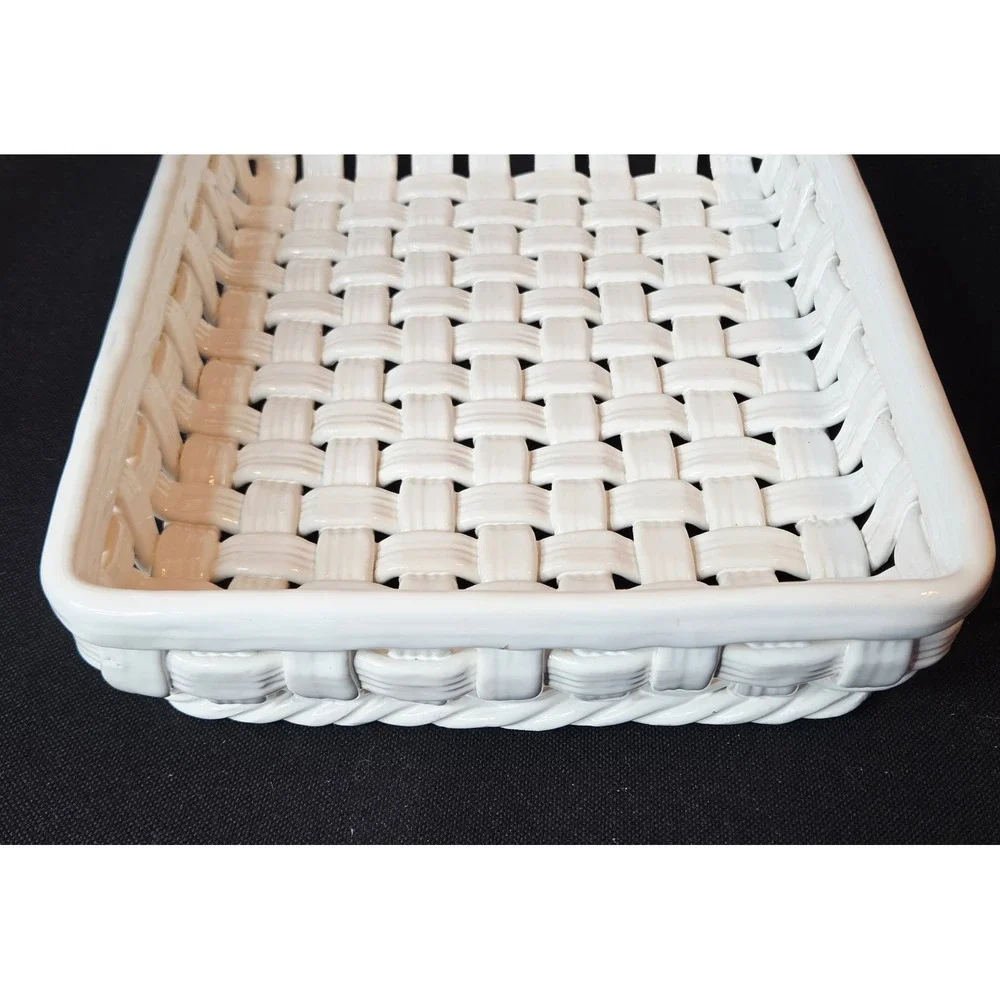 Savoir Vivre Portugal White Ceramic Cottagecore Lattice Weave Basket  9x11